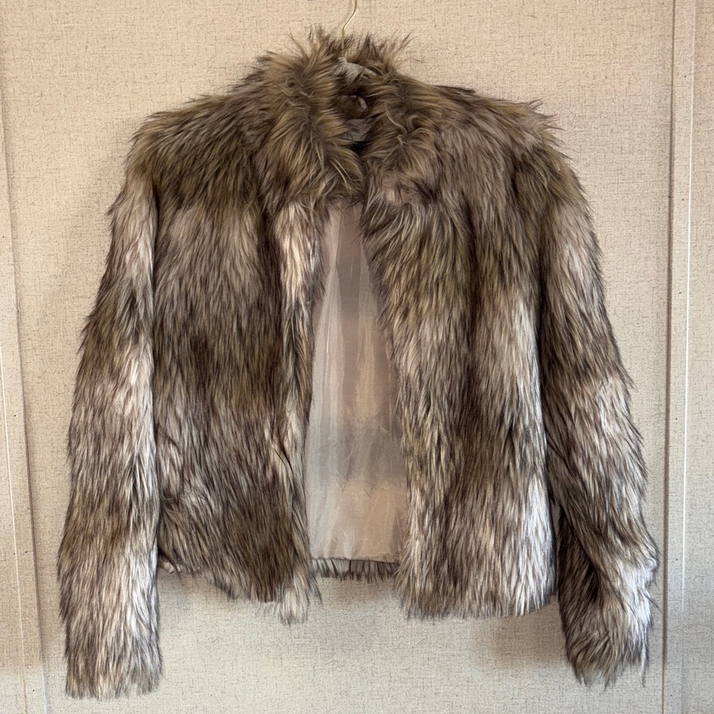 Fashion Nova Faux Fur Cropped Teddy Jacket Brown Small Y2K Style Glam Trendy